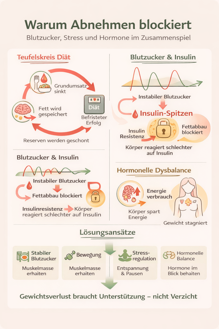 Infografik Warum Abnehmen nicht klappen will - Stoffwechsel, Stress, Hormone, Blutzucker