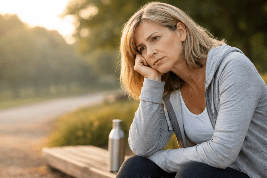 ADHS und Mitochondrien: Eine Frau sitzt frustriert auf einer Bank
