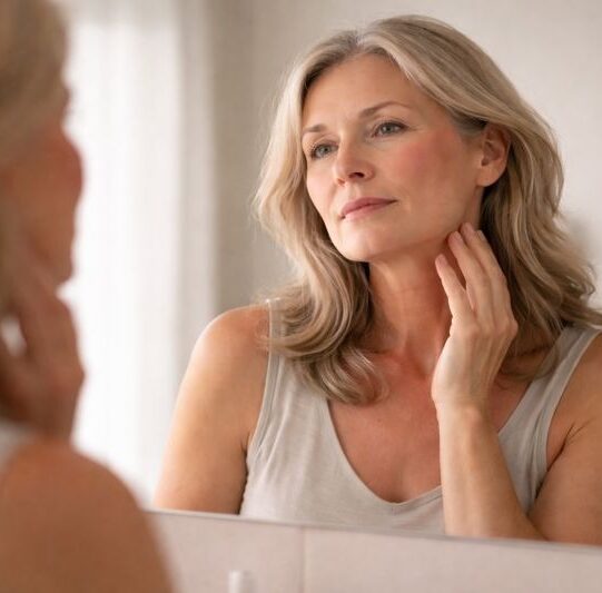 Frau mit Hitzewallungen schaut in einen Spiegel